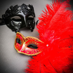 Black Venetian Warrior Half-Face with Gold Red Flurry Feather Couple Mask